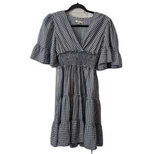 Max Studio Navy & White Gingham Smocked Waist Tiered Midi Cottagecore Dress XS